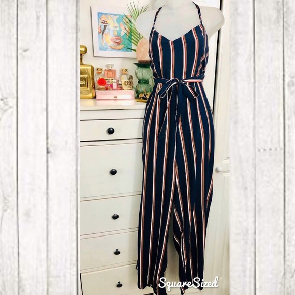 navy striped tie bow palazzo jumpsuit